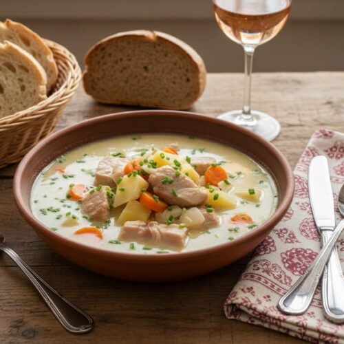 Wein zum Essen: Kräftige Klachelsuppe mit Schweinefleisch neben einem Glas Schilcher Wein.