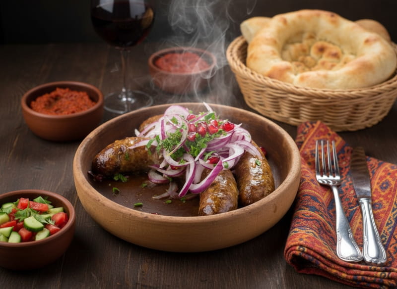 Wein zum Essen: Georgische Kupati Würste mit Granatapfel neben einem Glas Shavkapito Rotwein.