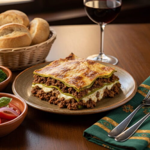 Wein zum Essen: Schichtlasagne Verde alla Bolognese neben einem Glas Sangiovese Rotwein.