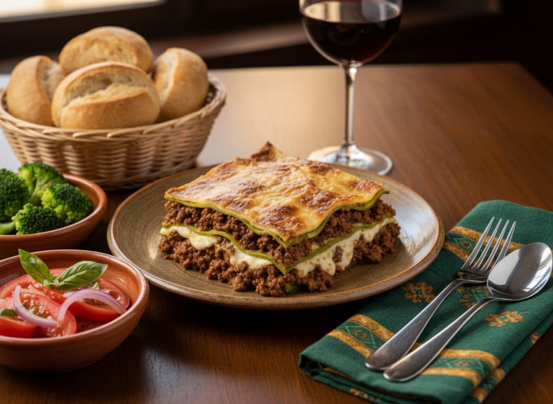 Wein zum Essen: Schichtlasagne Verde alla Bolognese neben einem Glas Sangiovese Rotwein.