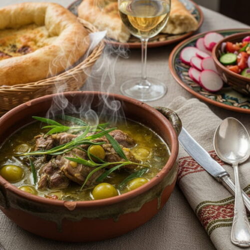 Wein zum Essen: Georgisches Chakapuli Lammgericht mit Estragon neben einem Glas Mtsvane Weißwein.