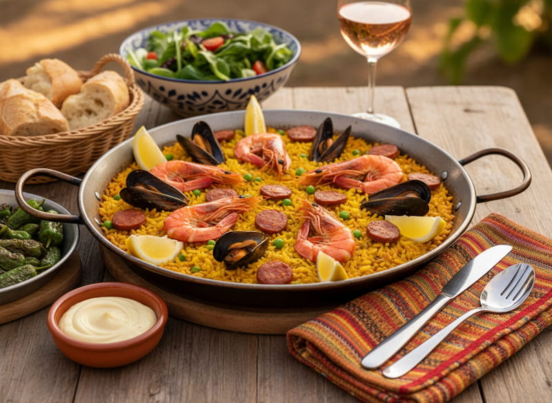 Wein zum Essen: Paella Mar y Montaña mit Meeresfrüchten und Chorizo neben einem Glas Rosado.