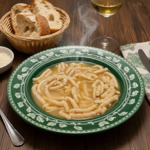 Wein zum Essen: Passatelli in Brodo in kräftiger Brühe neben einem Glas Albana Weißwein.