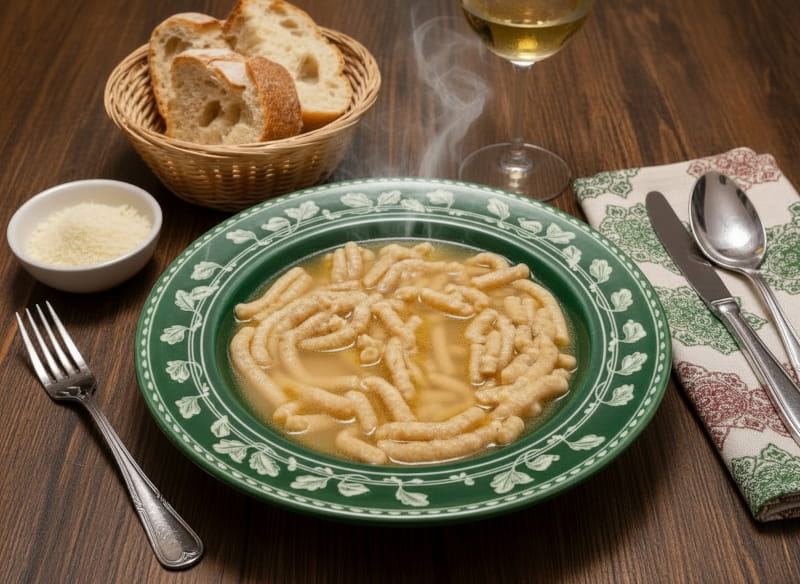 Wein zum Essen: Passatelli in Brodo in kräftiger Brühe neben einem Glas Albana Weißwein.