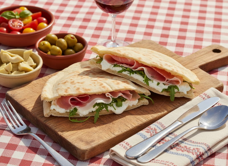 Wein zum Essen: Gefüllte Piadina Romagnola neben einem Glas Sangiovese Rotwein.