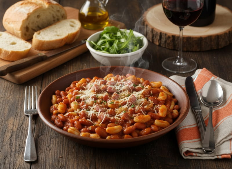 Wein zum Essen: Pisarei e Faso Bohnenklößchen neben einem Glas Gutturnio Rotwein.