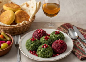 Wein zum Essen: Georgisches Pkhali aus Spinat und Roter Bete neben einem Glas Rkatsiteli Amber Wine.