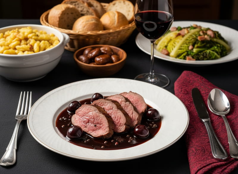 Wein zum Essen: Rehrücken mit Schoko-Pfeffer-Sauce, Kirschen und einem Glas Syrah.