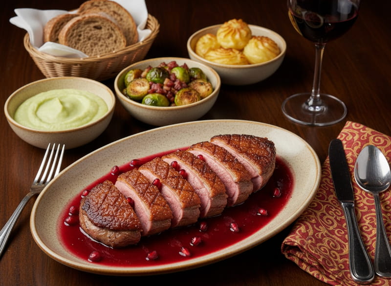 Wein zum Essen: Rosa gebratene Entenbrust mit Granatapfel-Reduktion neben einem Glas samtigem Merlot.