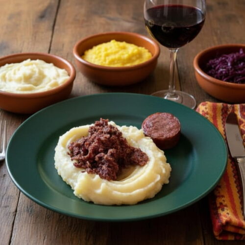 Wein zum Essen: Salama da Sugo auf Kartoffelpurree neben einem Glas Fortana Rotwein.