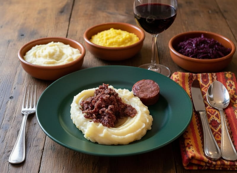 Wein zum Essen: Salama da Sugo auf Kartoffelpurree neben einem Glas Fortana Rotwein.