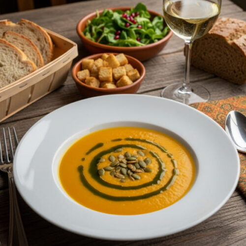 Wein zum Essen: Cremige steirische Kürbissuppe mit Kernöl neben einem Glas Weißburgunder Weißwein.