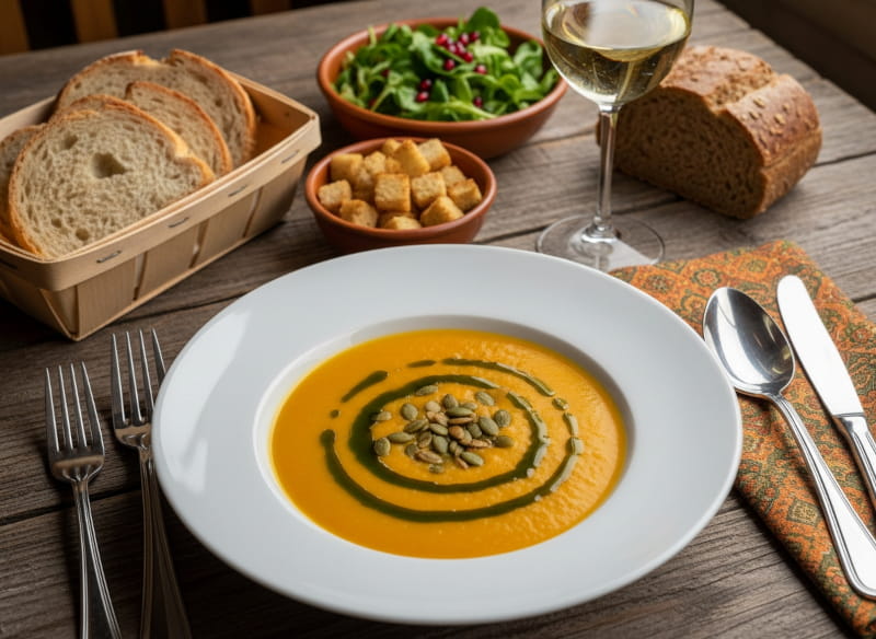 Wein zum Essen: Cremige steirische Kürbissuppe mit Kernöl neben einem Glas Weißburgunder Weißwein.
