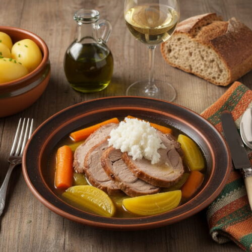 Wein zum Essen: Gekochtes Schweinefleisch Wurzelfleisch neben einem Glas Morillon Weißwein.