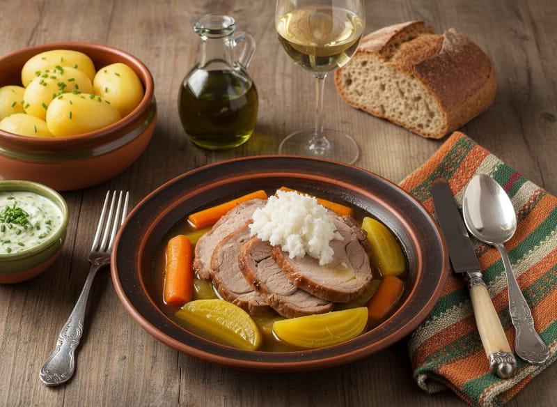 Wein zum Essen: Gekochtes Schweinefleisch Wurzelfleisch neben einem Glas Morillon Weißwein.