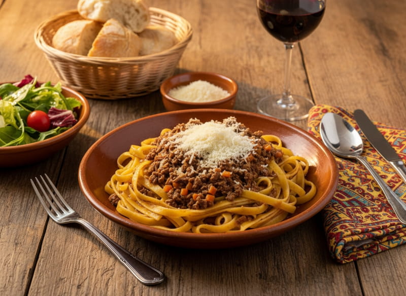 Wein zum Essen: Tagliatelle al Ragù mit Fleischsauce neben einem Glas Gutturnio Rotwein.