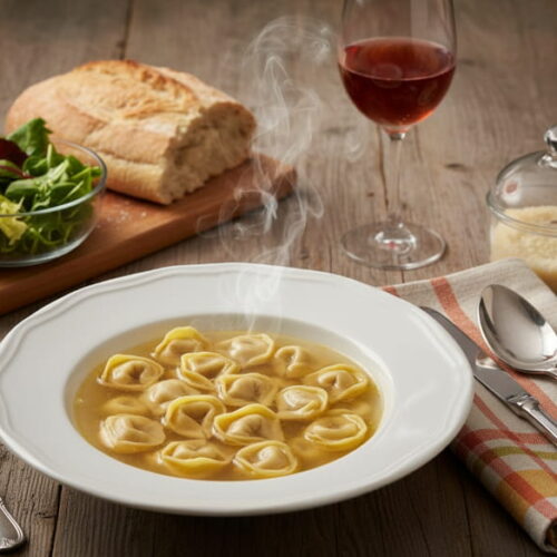 Wein zum Essen: Tortellini in Brodo in klarer Brühe neben einem Glas Lambrusco di Sorbara.