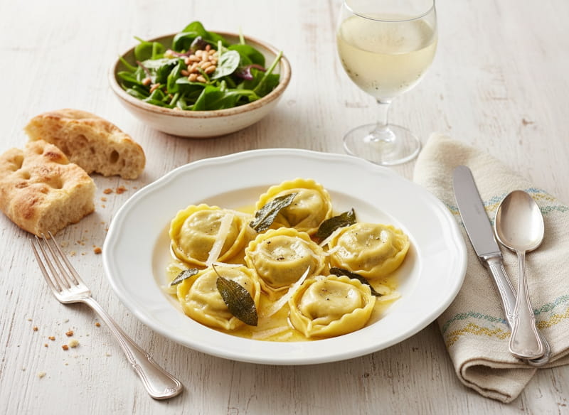 Wein zum Essen: Tortelloni di Magro in Salbeibutter neben einem Glas Pignoletto Weißwein.