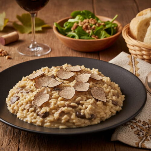 Wein zum Essen: Vegetarisches Pilz-Risotto mit frisch gehobeltem Trüffel und ein Glas Spätburgunder.