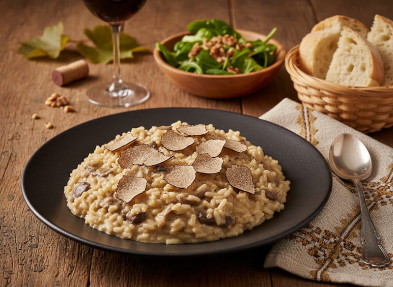 Wein zum Essen: Vegetarisches Pilz-Risotto mit frisch gehobeltem Trüffel und ein Glas Spätburgunder.