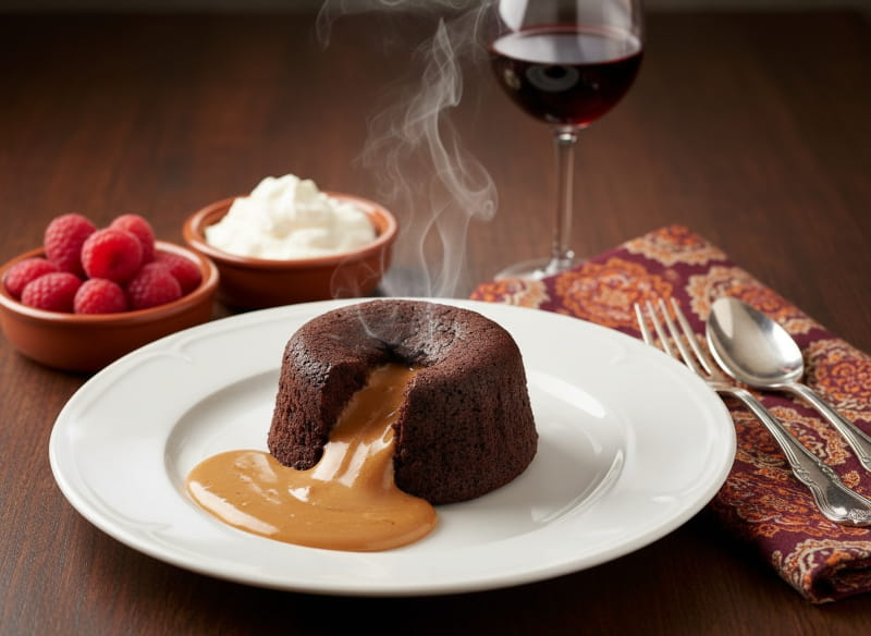 Wein zum Essen: Warmer Schokoladenkuchen mit flüssigem Erdnussbutter-Kern und ein Glas Banyuls.