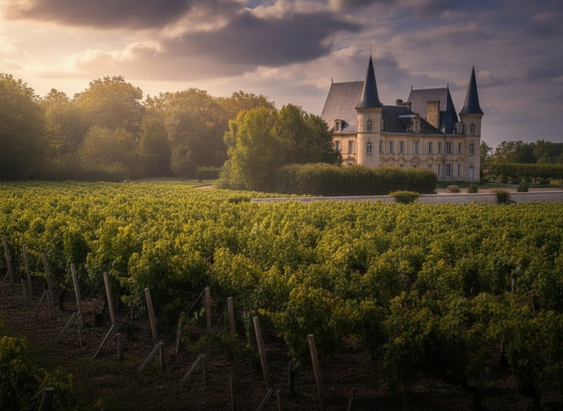 Blick über ein üppiges grünes Weinfeld auf ein historisches Schloss mit spitzen Türmen in Bordeaux, beleuchtet von warmem Abendlicht unter einem dramatischen Wolkenhimmel.