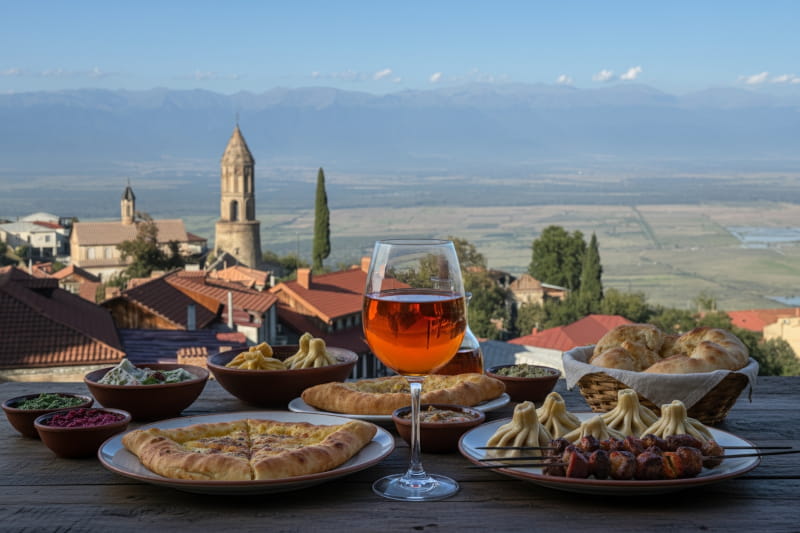 Ein Glas georgischer Bernsteinwein vor einer Tafel mit Khachapuri, Khinkali und Mtsvadi-Spießen mit Blick auf Sighnaghi und das Alazani-Tal.