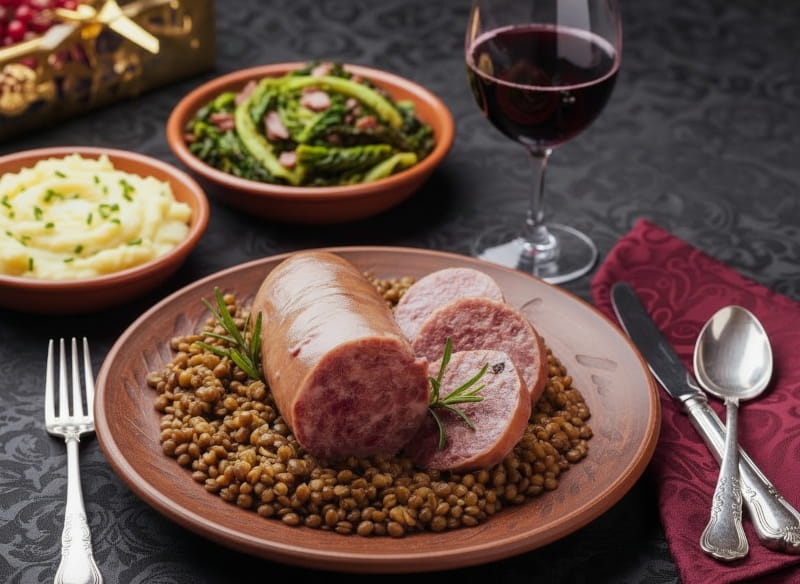 Wein zum Essen: Zampone Scheiben auf Linsen neben einem Glas Lambrusco Rotwein.