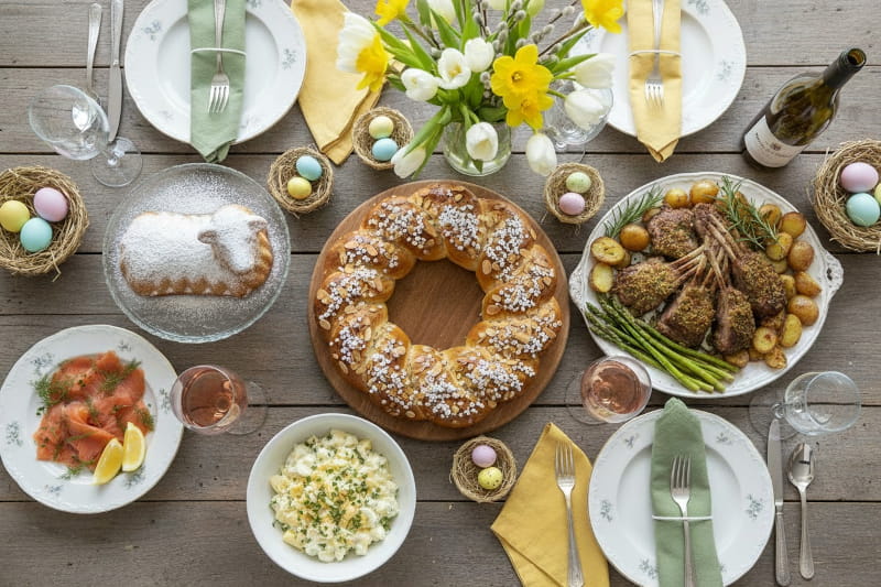 „Reich gedeckter Osterbrunch-Tisch aus der Vogelperspektive mit Lammkoteletts, Hefezopf, Eiersalat und Lachs, perfekt kombiniert mit Rosé- und Weißwein für das ideale Food Pairing zu Ostern.“