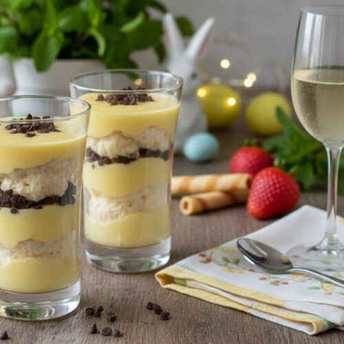 Eine cremige Eierlikör-Mousse mit Schokosplittern im Glas neben einem eleganten Glas Moscato d’Asti Wein.