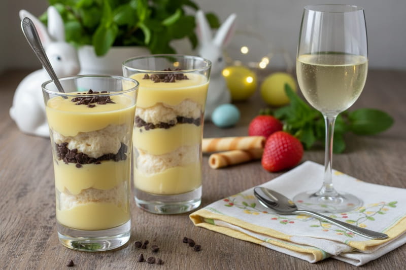 Eine cremige Eierlikör-Mousse mit Schokosplittern im Glas neben einem eleganten Glas Moscato d’Asti Wein.
