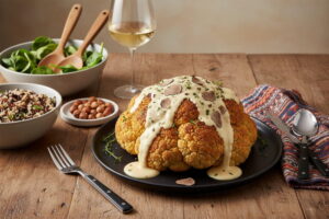 Wein zum Essen: Gebackener Blumenkohl mit Trüffel Hollandaise neben einem Glas Weißwein.