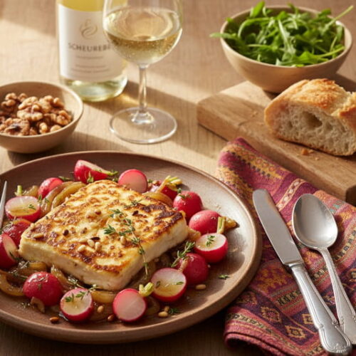 Wein zum Essen: Gebackener Feta mit Radieschen und Honig neben einem Glas Scheurebe.