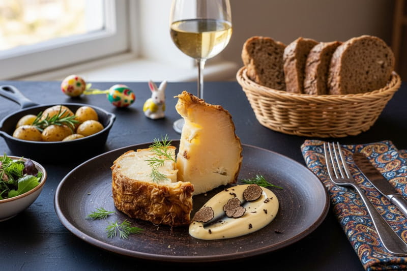 Gebackener Sellerie aus der Salzkruste mit Trüffel-Mayonnaise auf einem Teller neben einem Glas Weißwein.