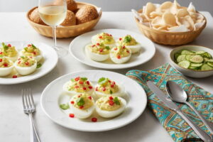 Wein zum Essen: Asiatisch gefüllte Eier mit Chili und Koriander neben einem Glas Muskateller.