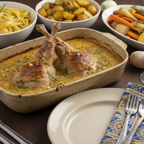 Wein zum Essen: Geschmorte Kaninchenkeulen in Senfsauce neben einem Glas Sauvignon Blanc.