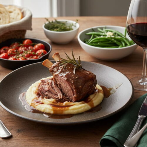 Geschmorte Lammhaxe in Malzbier-Sauce auf Pastinakenpüree mit Kirschtomaten und grünen Bohnen, dazu ein elegantes Rotweinglas mit Syrah