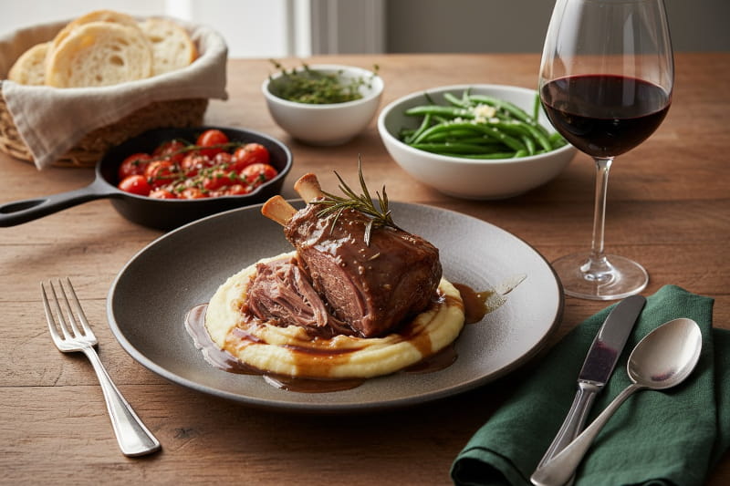 Geschmorte Lammhaxe in Malzbier-Sauce auf Pastinakenpüree mit Kirschtomaten und grünen Bohnen, dazu ein elegantes Rotweinglas mit Syrah