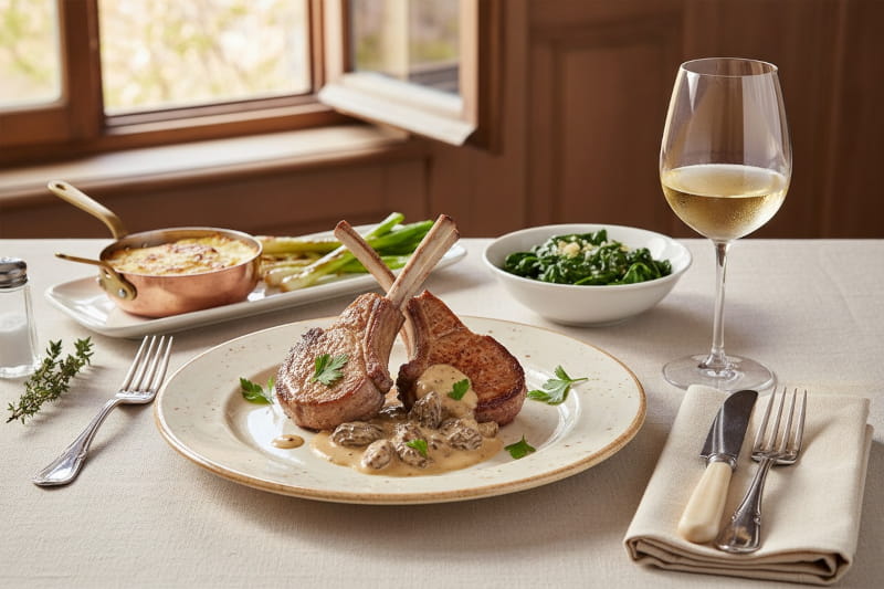Zwei gebratene Kalbskarree-Koteletts mit Morchel-Rahmsauce auf cremefarbenem Porzellanteller, dazu ein elegantes Weißweinglas mit leicht beschlagenem Grauburgunder