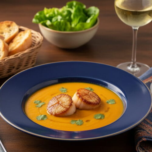 Wein zum Essen: Karotten-Ingwer-Suppe mit Jakobsmuscheln neben einem Glas Riesling Wein.