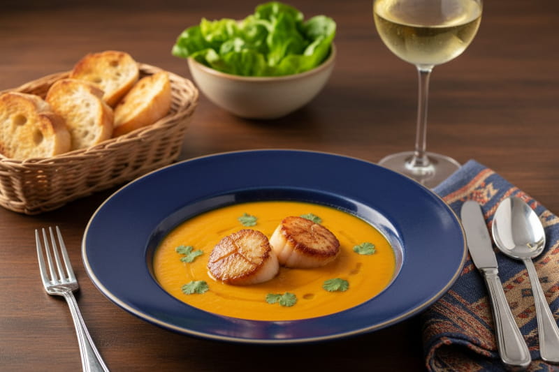 Wein zum Essen: Karotten-Ingwer-Suppe mit Jakobsmuscheln neben einem Glas Riesling Wein.