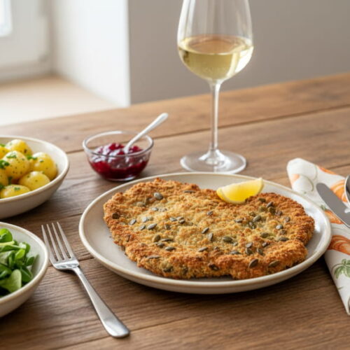 Wein zum Essen: Knuspriges Kürbiskern-Schnitzel neben einem Glas Sauvignon Blanc Weißwein.