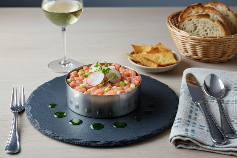 Wein zum Essen: Lachs-Tartar mit Apfel und Dill-Öl neben einem Glas Grüner Veltliner.