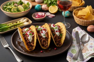 Drei Lamm-Tacos mit Joghurt und Granatapfel neben einem Glas Rotwein.