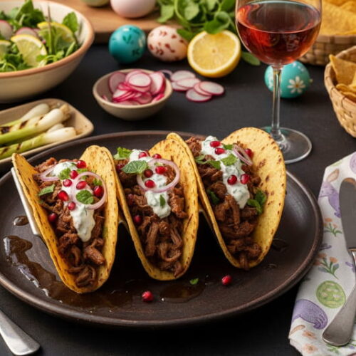 Drei Lamm-Tacos mit Joghurt und Granatapfel neben einem Glas Rotwein.