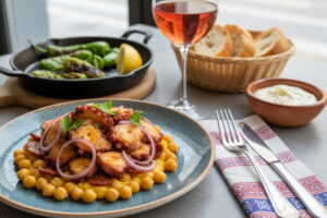 Ein spanischer Pulpo-Salat mit Kichererbsen und Chorizo neben einem Glas Rosado Wein.