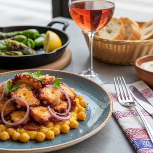 Ein spanischer Pulpo-Salat mit Kichererbsen und Chorizo neben einem Glas Rosado Wein.