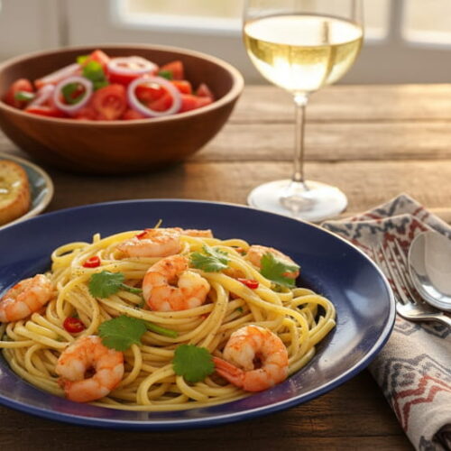 Wein zum Essen: Pikante Linguine mit Garnelen neben einem Glas Vermentino Wein.