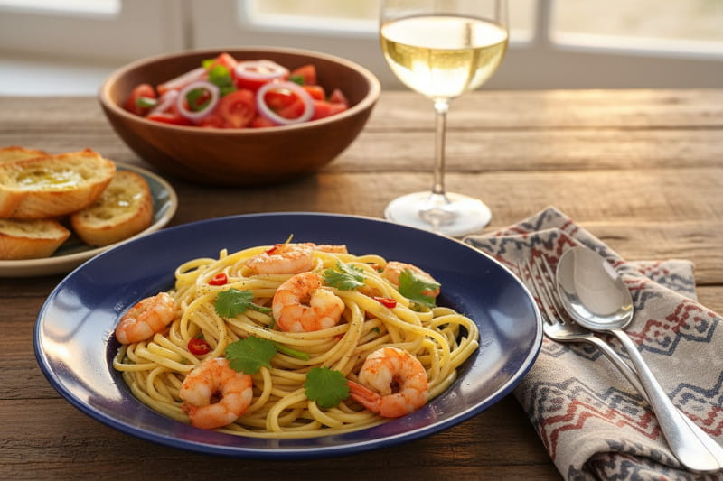 Wein zum Essen: Pikante Linguine mit Garnelen neben einem Glas Vermentino Wein.
