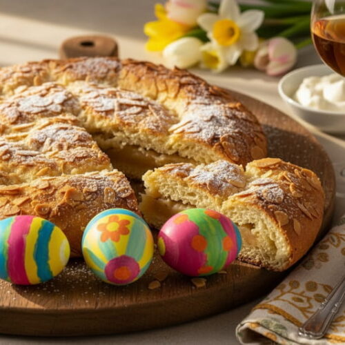 Ein goldbraun gebackener Osterfladen mit Mandeln und Marzipan auf einem Holzbrett neben einem Glas Vin Santo.
